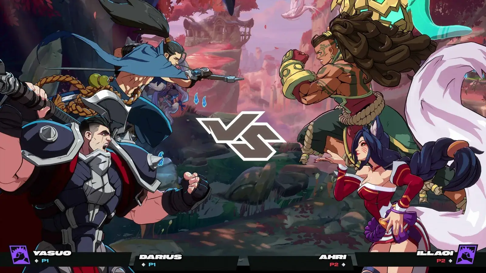 Souboj 2v2 ve 2XKO: Yasuo a Darius proti Ahri a Illaoi, uprostřed logo VS