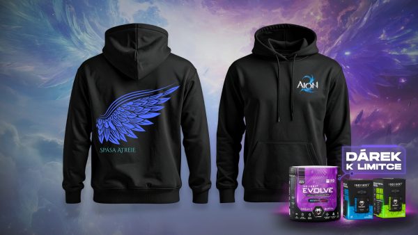 Černá mikina s kapucí AION 2 Asmodian – vzadu modrá křídla s nápisem Spása Atreie, vpředu logo AION 2