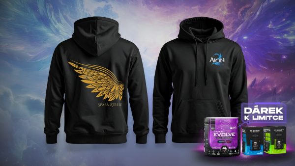 Černá mikina s kapucí AION 2 Elyos – vzadu zlatá křídla s nápisem Spása Atreie, vpředu logo AION 2