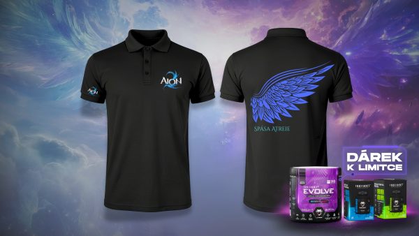 Černé polo tričko AION 2 Asmodian – logo AION 2 na hrudi a rukávu, vzadu modrá křídla s nápisem Spása Atreie