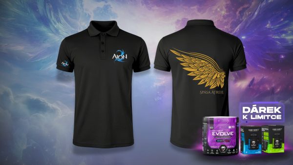 Černé polo tričko AION 2 Elyos – logo AION 2 na hrudi a rukávu, vzadu zlatá křídla s nápisem Spása Atreie