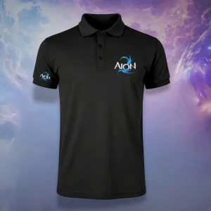 Černé polo tričko AION 2 – logo AION 2 na hrudi a malé logo na rukávu, záda bez potisku