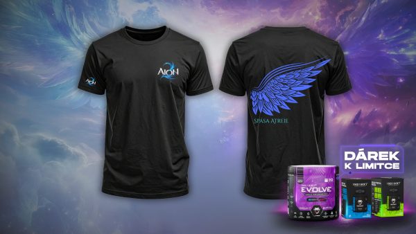 Černé tričko AION 2 Asmodian – logo AION 2 na hrudi a rukávu, vzadu modrá křídla s nápisem Spása Atreie