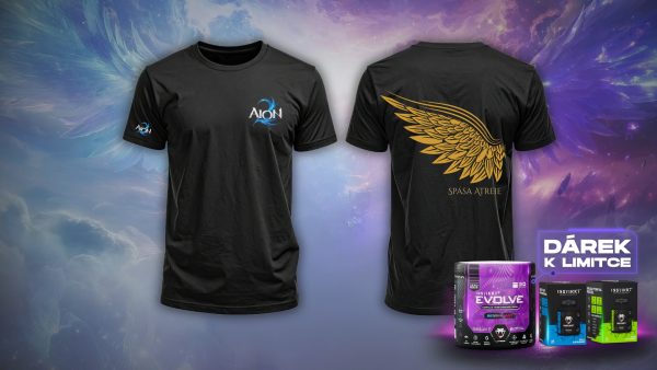 Černé tričko AION 2 Elyos – logo AION 2 na hrudi a rukávu, vzadu zlatá křídla s nápisem Spása Atreie