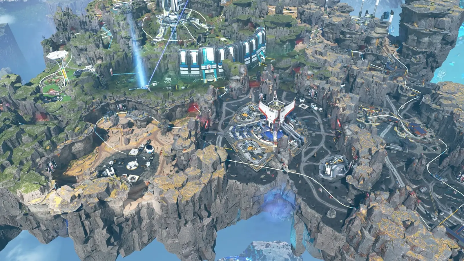 Letecký pohled na mapu Broken Moon s rozlámaným povrchem a plošinami