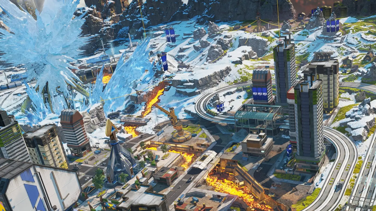 Letecký pohled na mapu World's Edge se zasněženým městem, lávovým korytem a krystalem