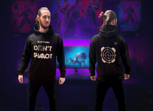 Černá mikina s kapucí ARC Raiders Don't Shoot na muži – vpředu logo ARC Raiders a nápis DON'T SHOOT, vzadu velký terč