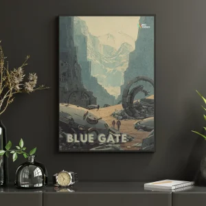 Plakát ARC Raiders Blue Gate v černém rámu na tmavé stěně – kaňon s rozbitými kruhovými stavbami a havarovaným strojem