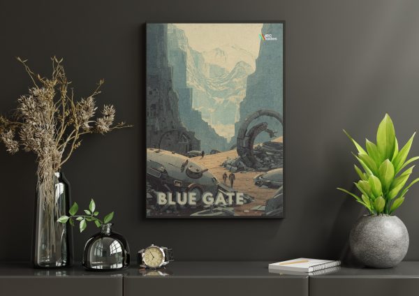Plakát ARC Raiders Blue Gate v černém rámu na tmavé stěně – kaňon s rozbitými kruhovými stavbami a havarovaným strojem