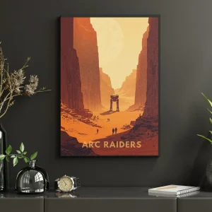Plakát ARC Raiders First Wave: Husk v černém rámu na tmavé stěně – dvounohý stroj v rudém kaňonu