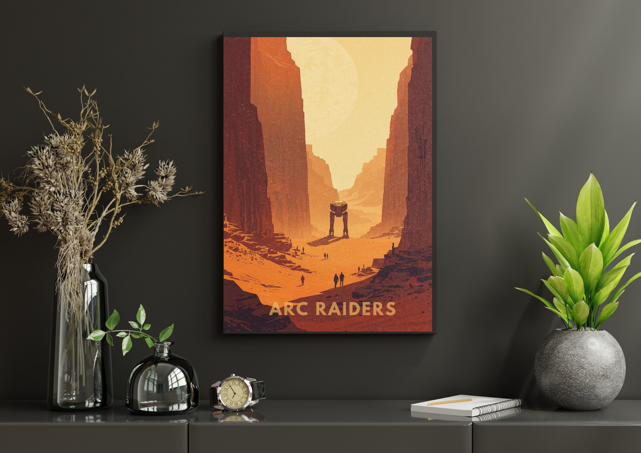 Plakát ARC Raiders First Wave: Husk v černém rámu na tmavé stěně – dvounohý stroj v rudém kaňonu