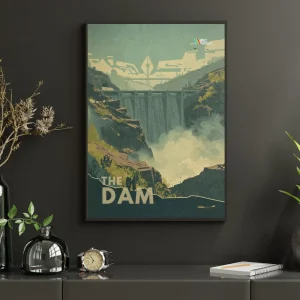 Plakát ARC Raiders The Dam v černém rámu na tmavé stěně – přehradní hráz v zeleném údolí a voda padající do mlhy