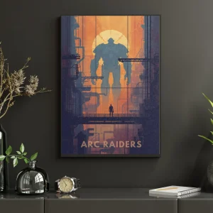 Plakát ARC Raiders The Giant in the Factory v černém rámu na tmavé stěně – obří robot v továrně a postava na lávce