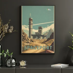 Plakát ARC Raiders The Spaceport v černém rámu na tmavé stěně – věž kosmodromu nad prašnou cestou mezi skalami