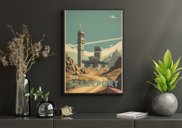 Plakát ARC Raiders The Spaceport v černém rámu na tmavé stěně – věž kosmodromu nad prašnou cestou mezi skalami