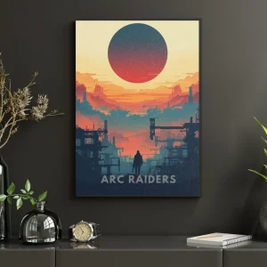 Plakát ARC Raiders The Surface Remembers v černém rámu na tmavé stěně – rudé slunce nad ruinami a osamělá postava