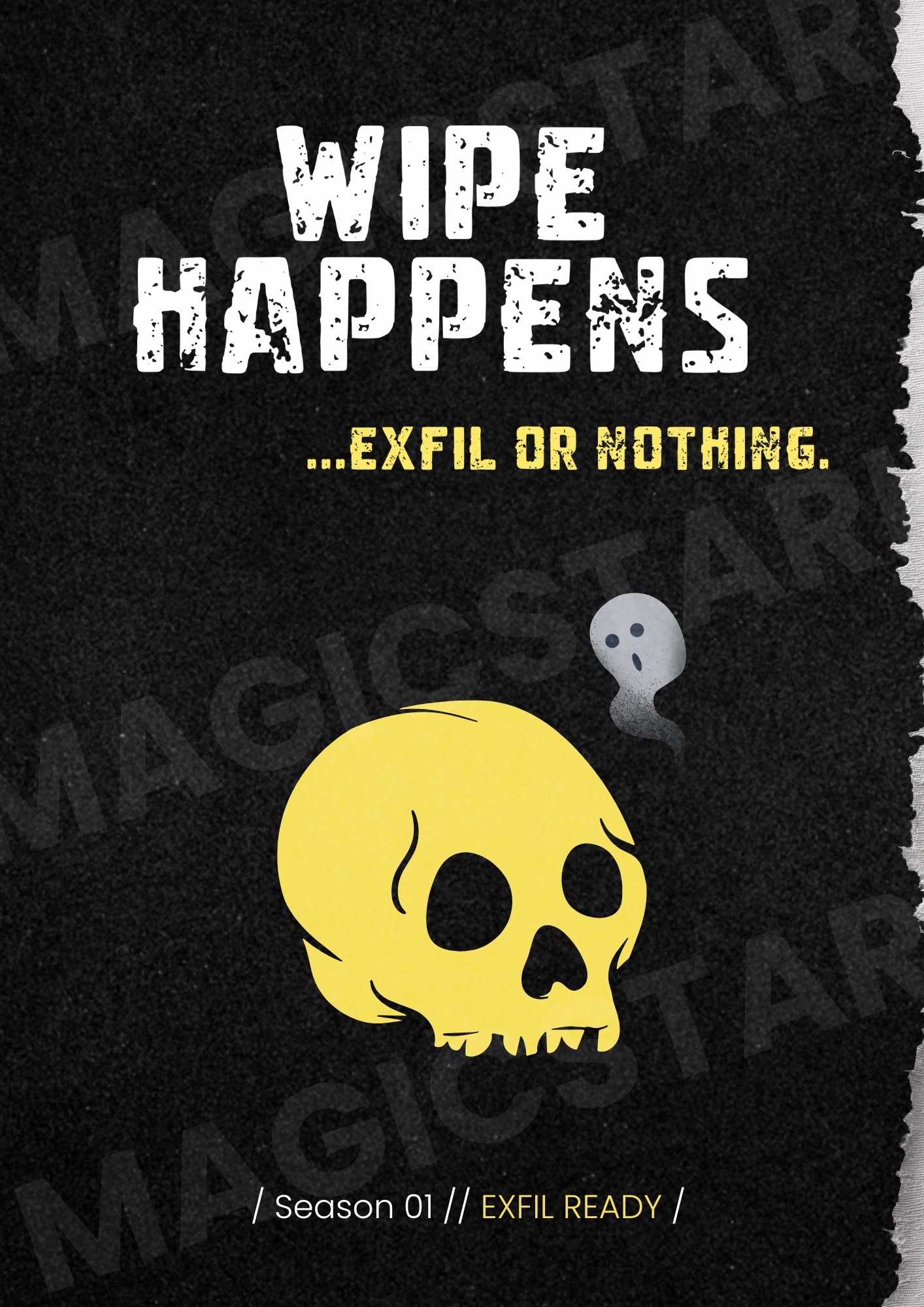 Plakát ARC Raiders WIPE HAPPENS – náhled celého motivu s vodoznakem, žlutá lebka a nápis EXFIL OR NOTHING