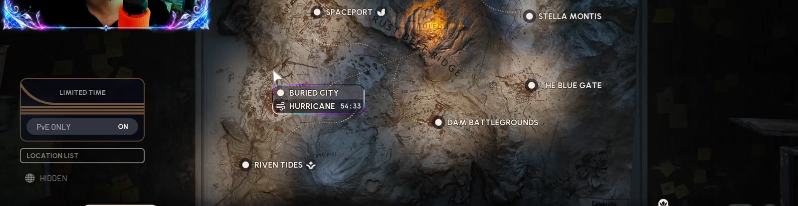 Obrazovka Destinations v ARC Raiders s panelem Limited Time a zapnutým přepínačem PvE Only