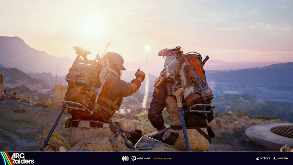 Two Raiders in ARC Raiders watching the sunset over the Rust Belt