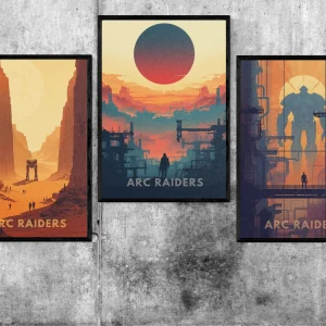 Sada tří plakátů ARC Raiders First Wave: Husk, The Surface Remembers a The Giant in the Factory v černých rámech na betonové zdi