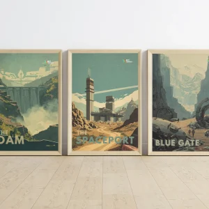 Sada tří plakátů ARC Raiders The Dam, The Spaceport a Blue Gate ve světlých rámech opřená o bílou stěnu