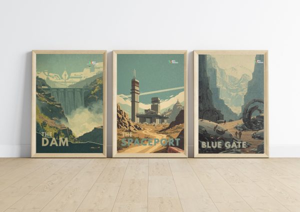 Sada tří plakátů ARC Raiders The Dam, The Spaceport a Blue Gate ve světlých rámech opřená o bílou stěnu