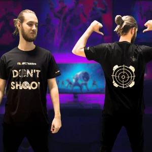 Černé tričko ARC Raiders Don't Shoot na muži – vpředu logo ARC Raiders a nápis DON'T SHOOT, vzadu velký terč