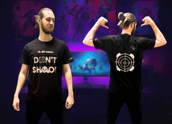 Černé tričko ARC Raiders Don't Shoot na muži – vpředu logo ARC Raiders a nápis DON'T SHOOT, vzadu velký terč