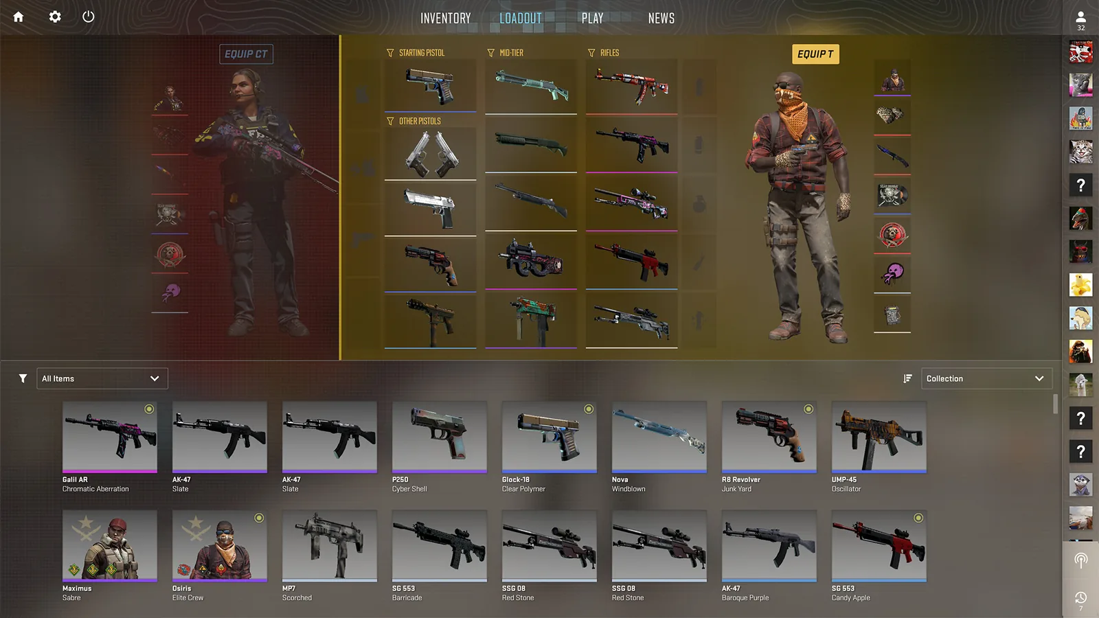 Obrazovka Loadout v CS2 s agenty CT a T, vybavenými zbraněmi a seznamem skinů v inventáři