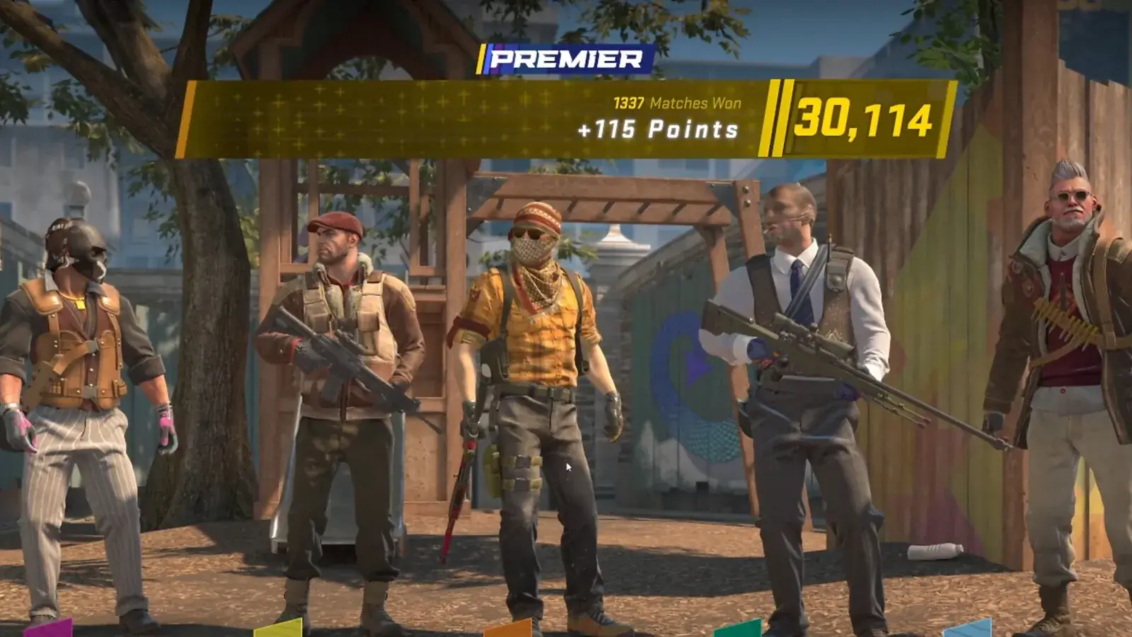 Tým pěti hráčů v CS2 a ukazatel Premier se zlatým CS Ratingem 30 114 a ziskem 115 bodů