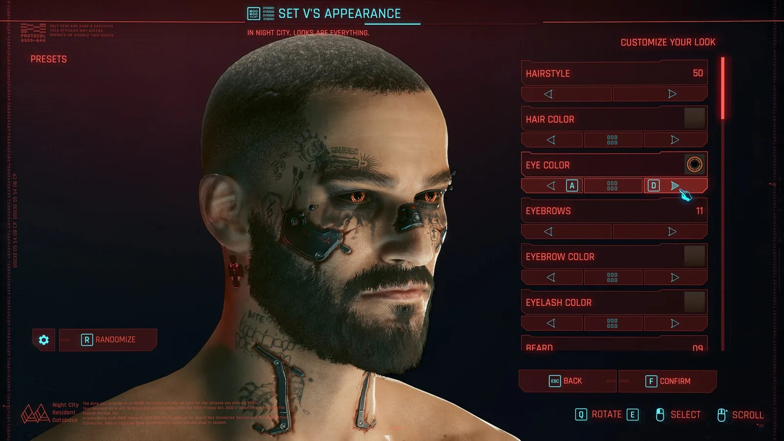 Editor postavy v Cyberpunku 2077: V s tetováním a implantáty, vpravo nabídka vzhledu