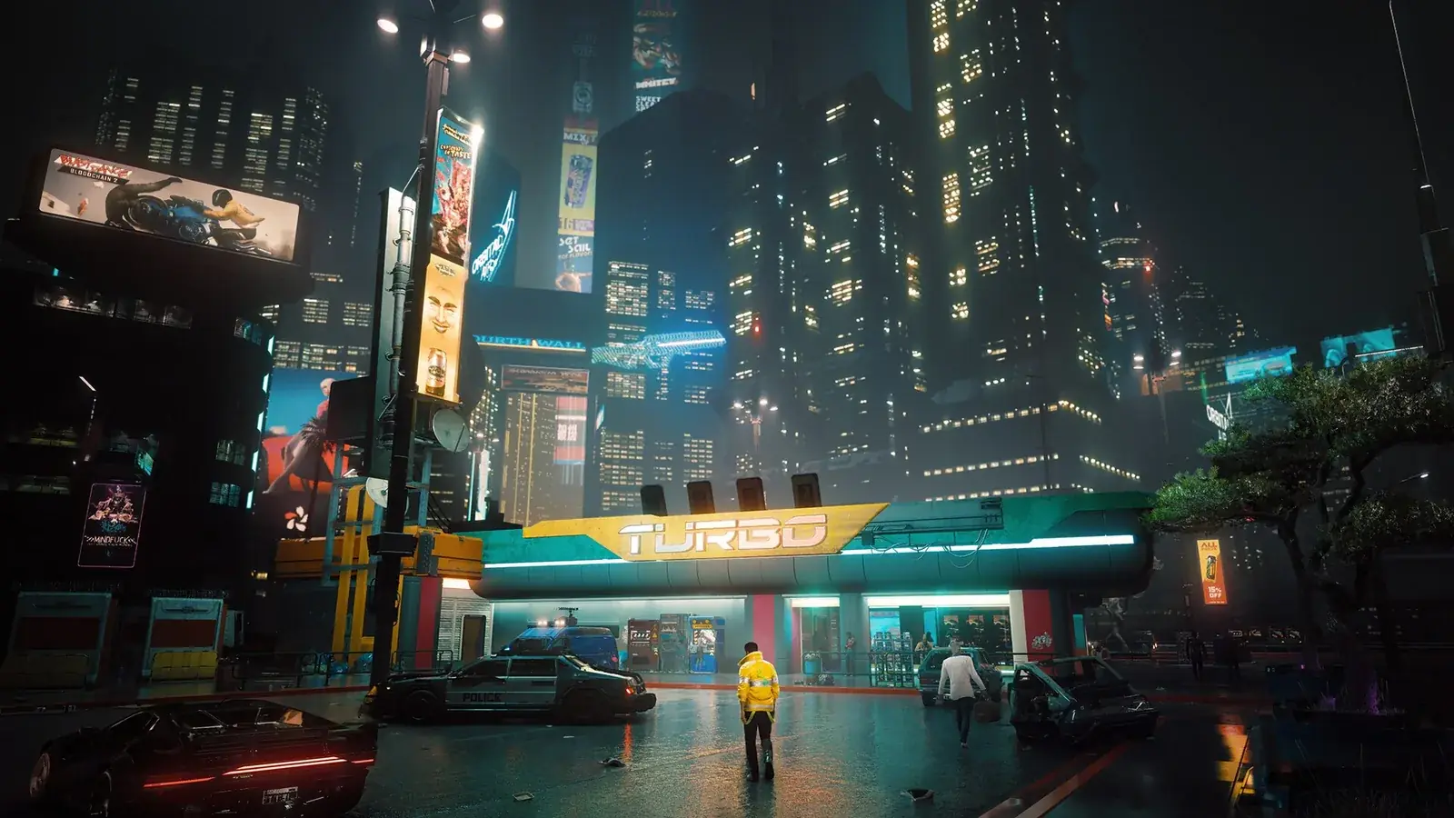 Deštivá noční ulice v Night City s neony a odlesky na mokré zemi