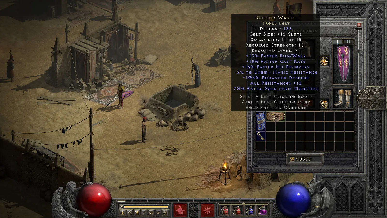 Inventář v Diablu II: Resurrected s popiskem předmětu a požadavkem na Strength