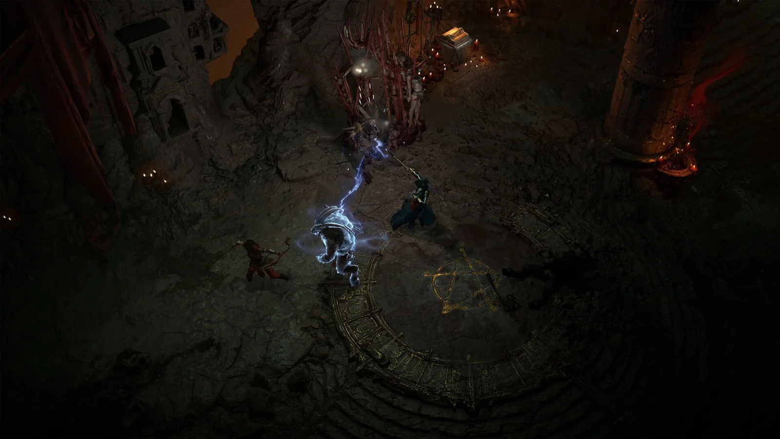 Postava v temném dungeonu Diabla IV zasahuje nepřítele bleskem