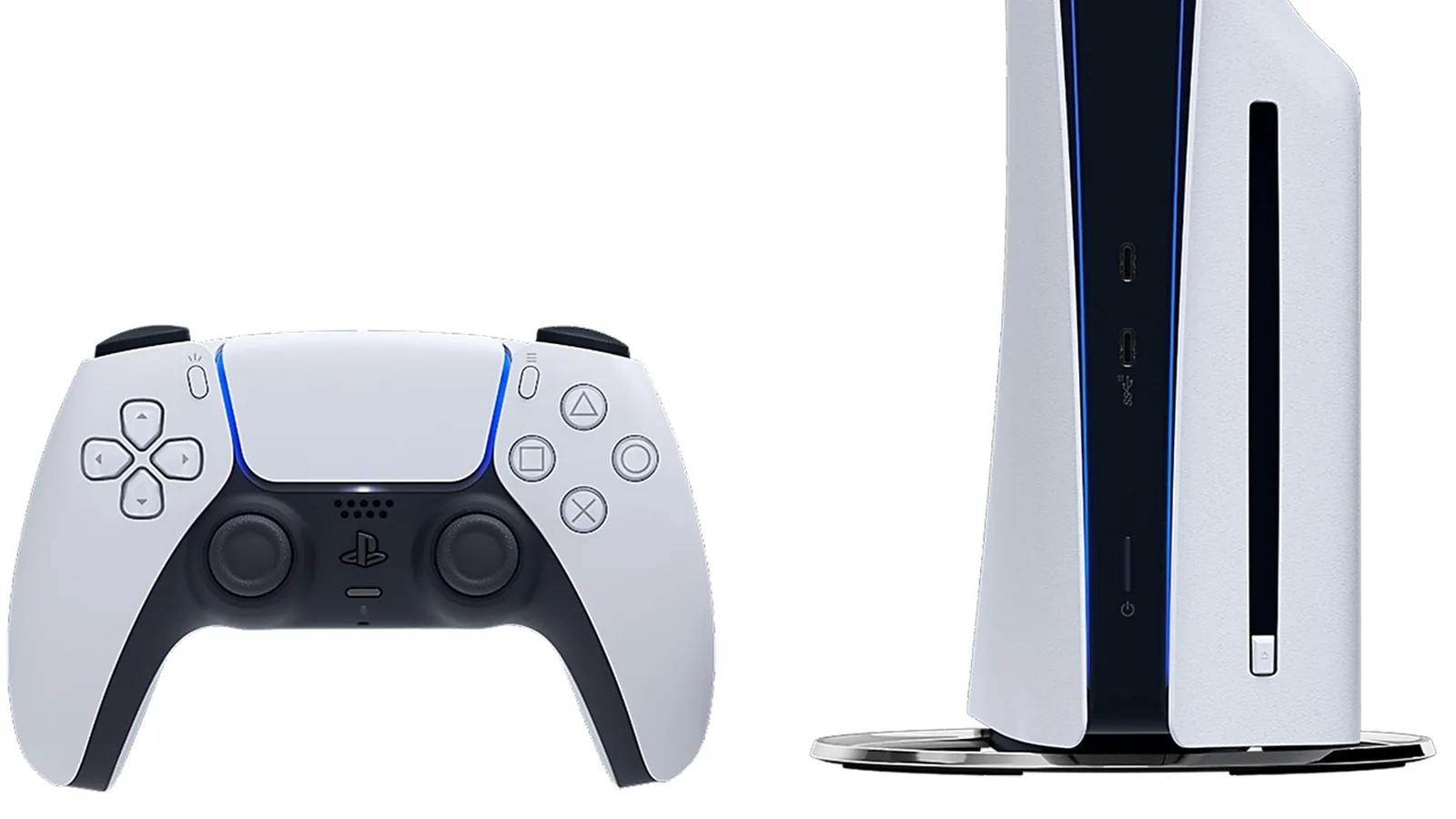 PS5 Slim nastojato a bílý ovladač DualSense na bílém pozadí