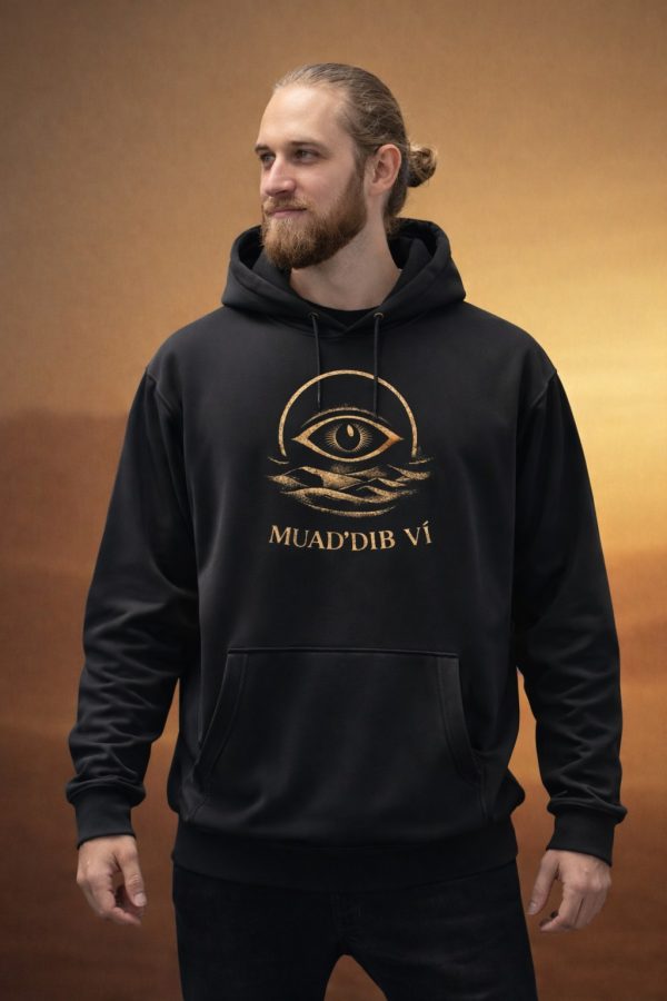 Černá mikina s kapucí Dune: Awakening Muad'Dib ví na muži – vpředu oko v oblouku nad vlnitými dunami