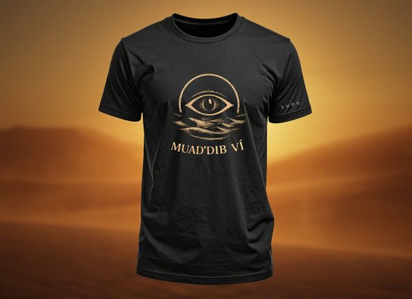 Černé tričko Dune: Awakening Muad'Dib ví – přední strana s okem nad dunami a malým nápisem DUNE na rukávu