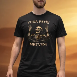 Černé tričko Dune: Awakening Voda patří mrtvým na muži – vpředu kostlivec po hrudník ve vodě se zdviženýma rukama