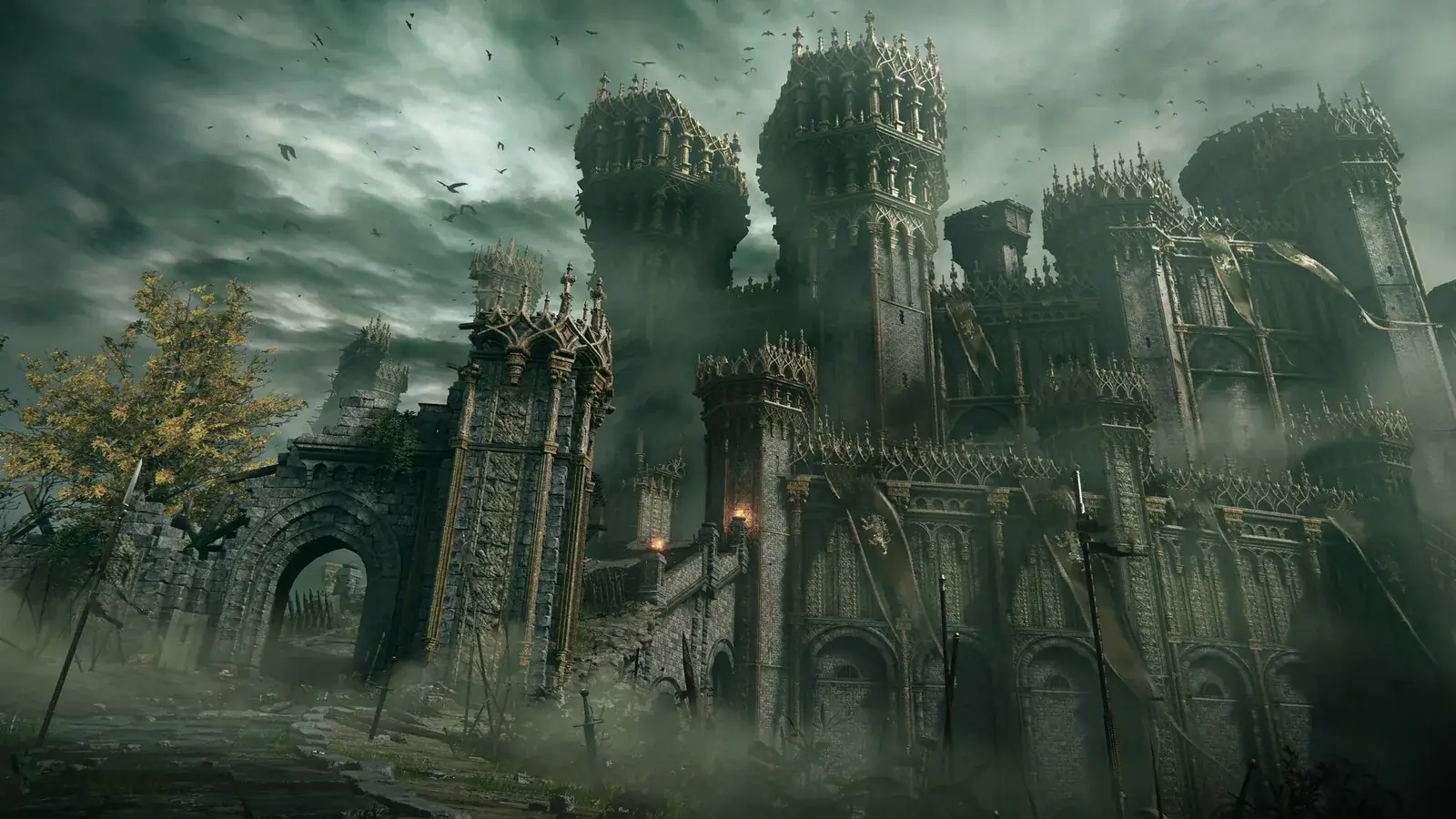 Hrad Stormveil v mlze s gotickými věžemi