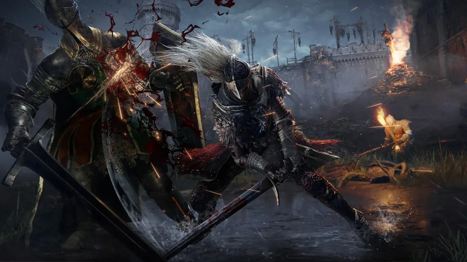 Krvavý souboj dvou rytířů před hradem, jiskry a oheň
