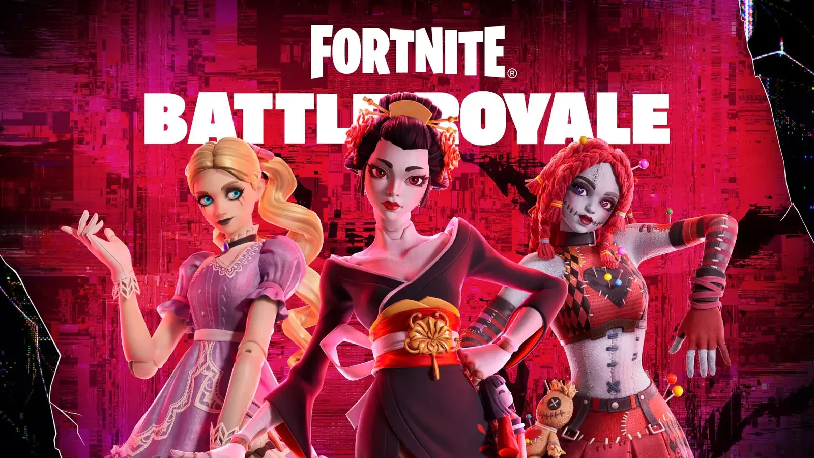 Tři postavy z Fortnite v rudé scéně pod nápisem Fortnite Battle Royale