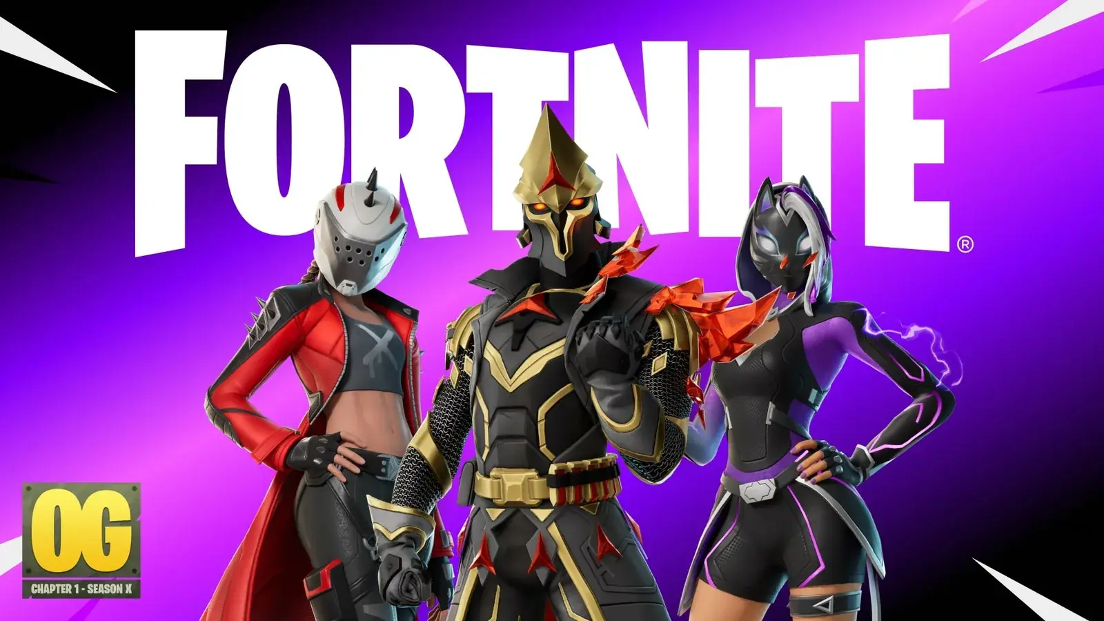 Tři postavy z Fortnite OG na fialovém pozadí s logem OG