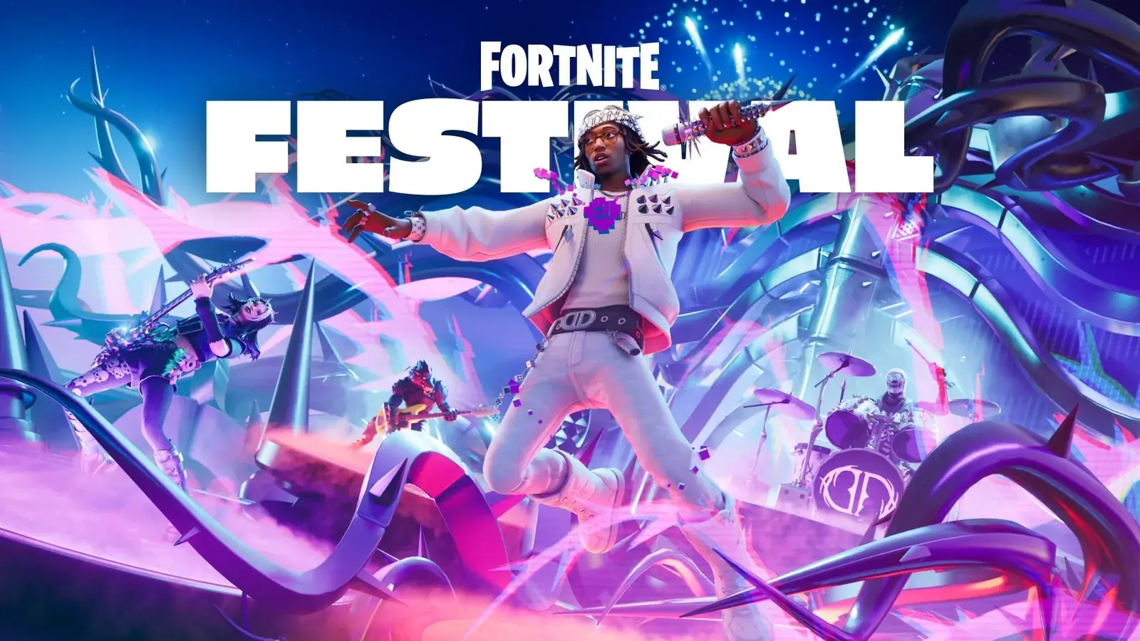 Hudebník na pódiu Fortnite Festival s bicími a chapadly