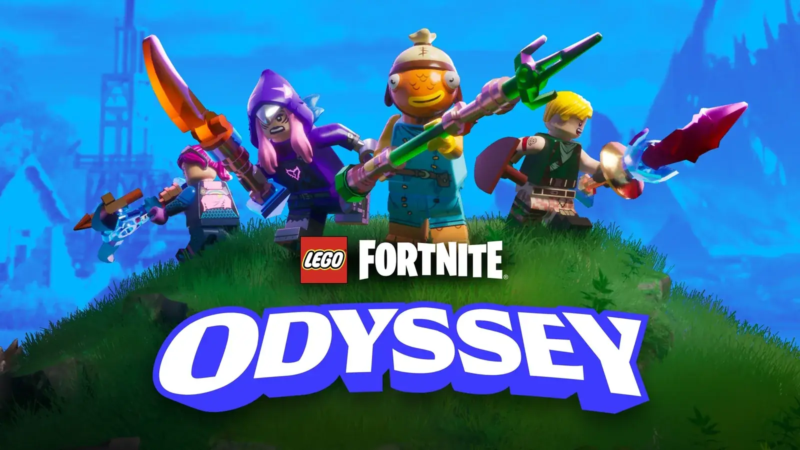 Čtyři LEGO postavy na zeleném kopci, logo LEGO Fortnite Odyssey
