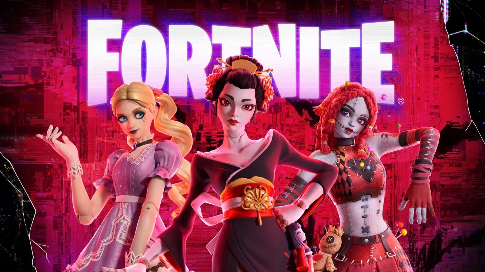 Tři postavy z Fortnite v rudé scéně pod nápisem Fortnite