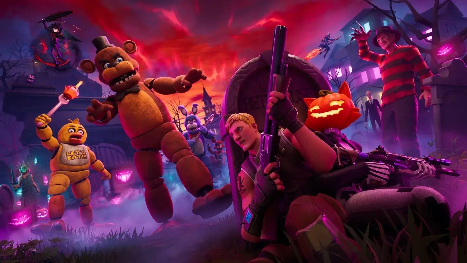 Postavy z akce Fortnitemares v noční fialové scéně