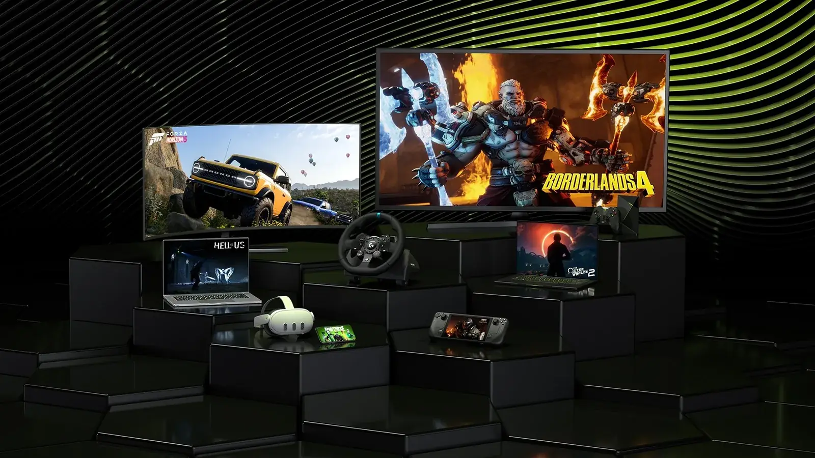Steam Deck, notebooky, monitor a televize se hrami streamovanými přes GeForce NOW