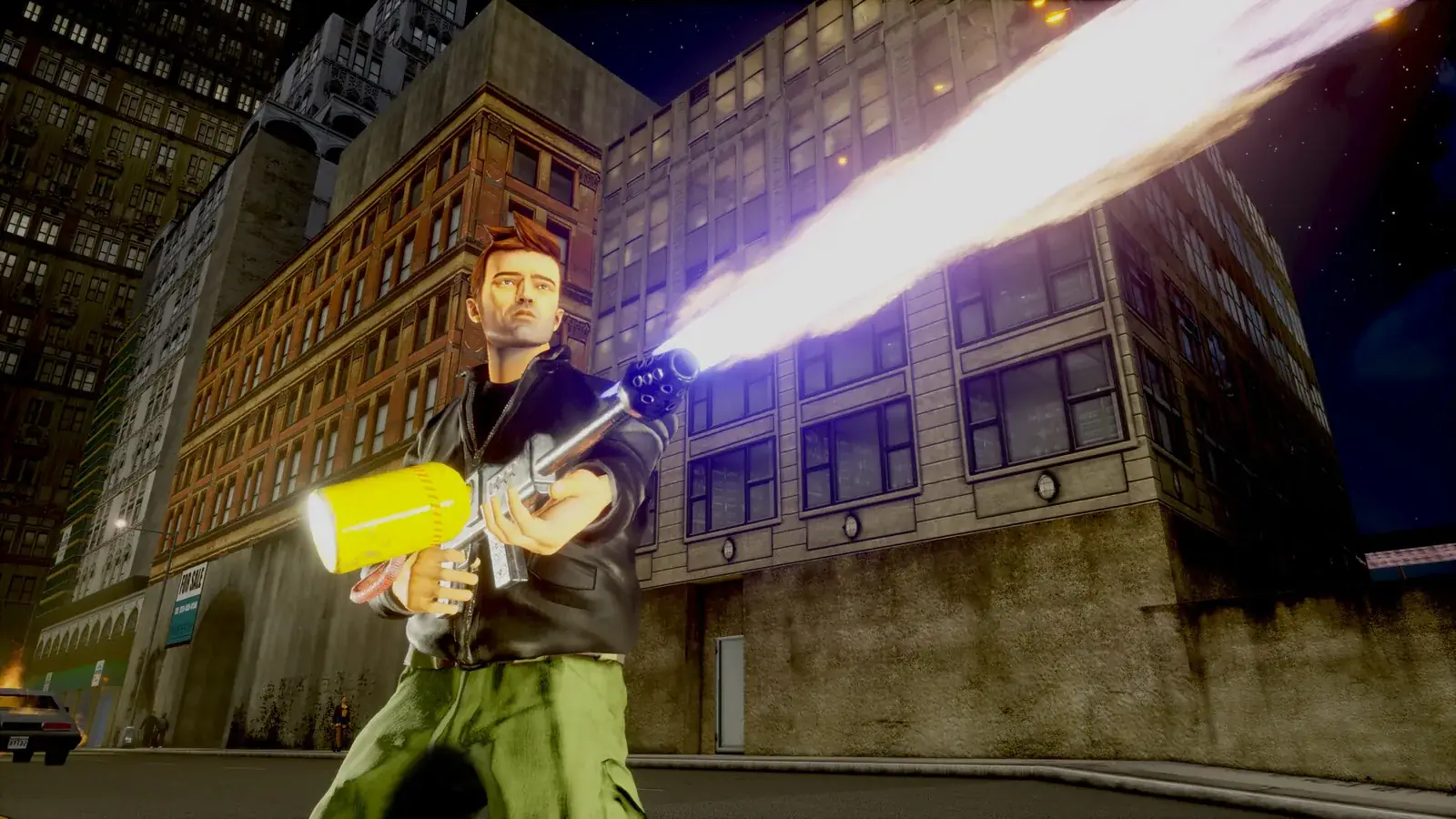 GTA III Definitive Edition: hlavní postava střílí z plamenometu mezi domy