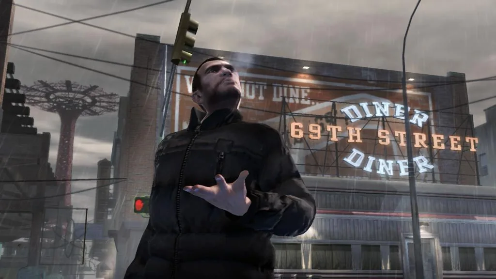 GTA IV: hlavní postava před bistrem 69th Street Diner v Liberty City