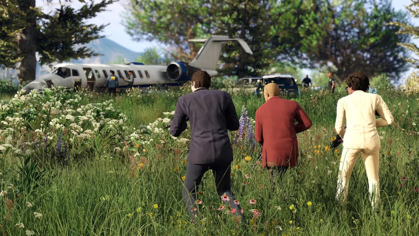 GTA 5 Enhanced: tři hlavní postavy u vraku letadla